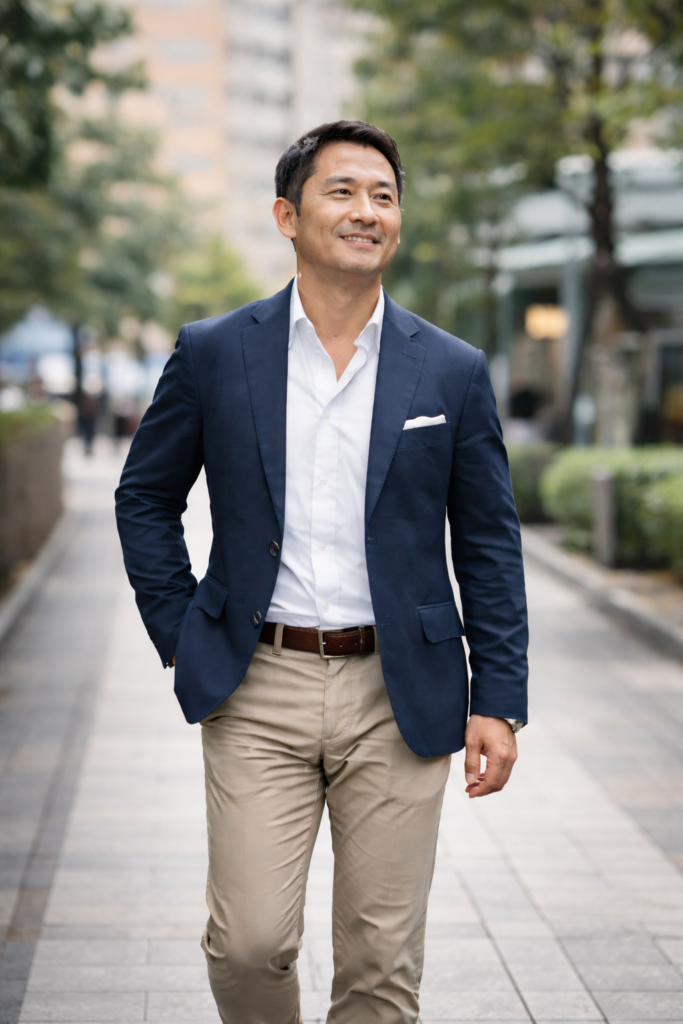 自信に満ちた表情で立つ日本人男性のスーツ姿