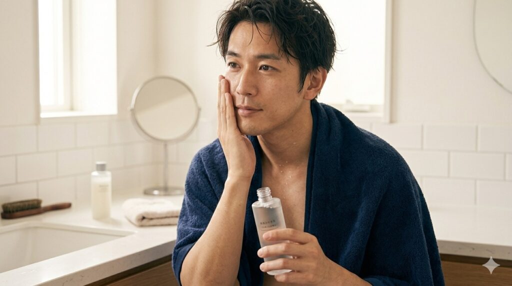 お風呂上りにスキンケアをしている男性