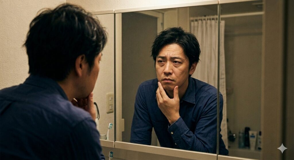 鏡の前で昔より疲れて見えるなと考えている男性