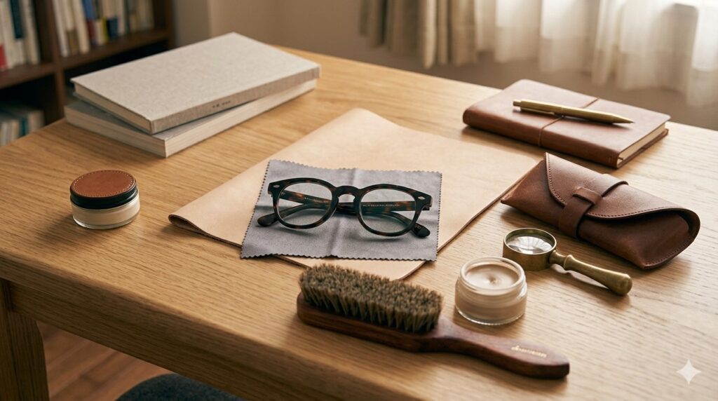 眼鏡と眼鏡拭き。靴ブラシと靴クリーム。