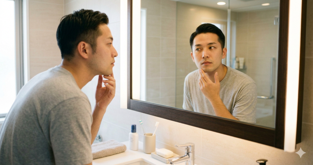 鏡の前で清潔感を確認する男性