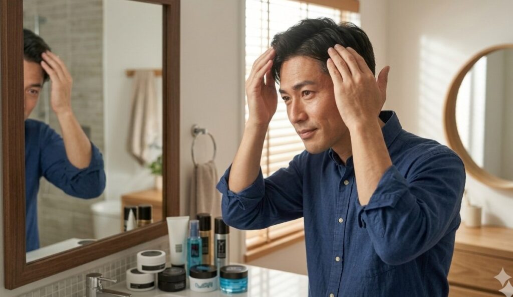 ワックスを付けている40代男性