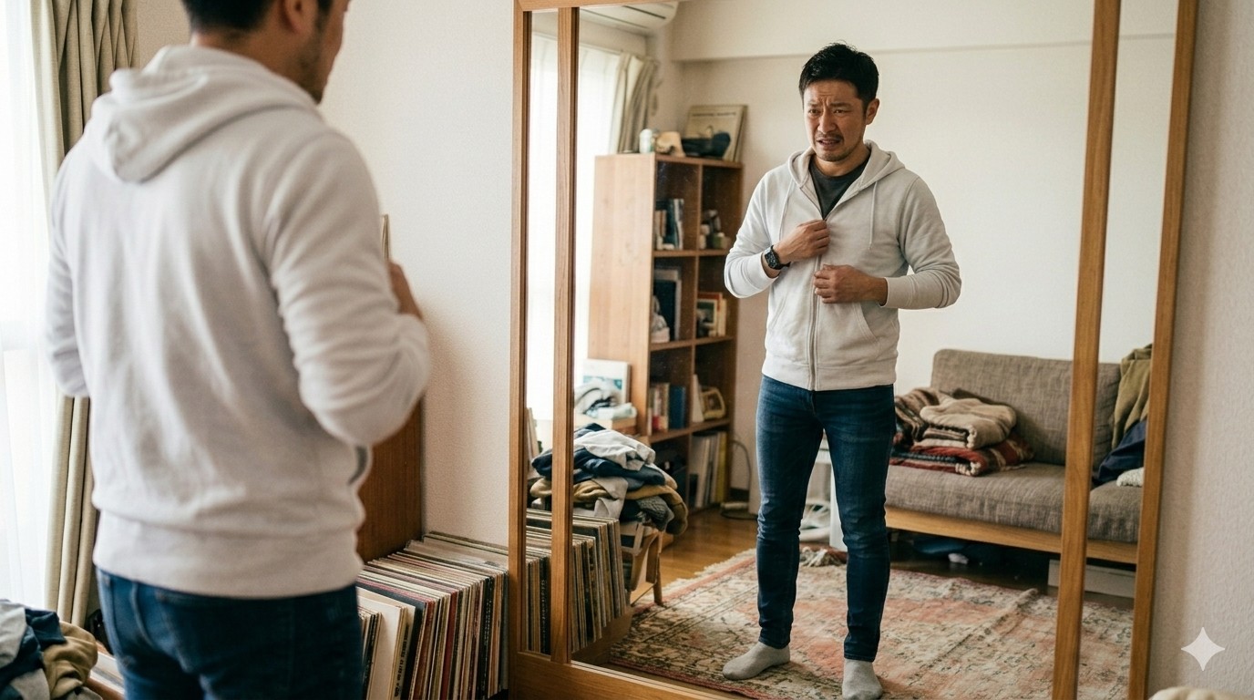 鏡の前で服に違和感を感じている40代男性