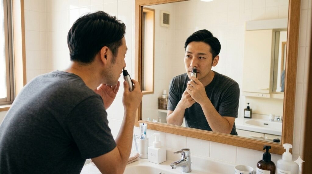 鼻毛カッターで鼻毛を切っている40代男性